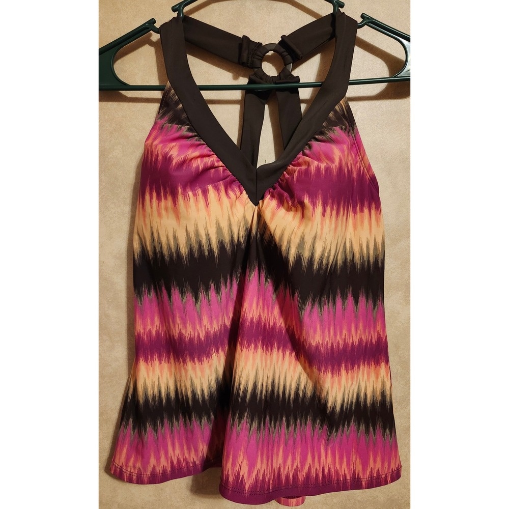 Jantzen Classics Women 10 Tankini Swim Top Purple Orange Ikat Zigzag O-Ring Back